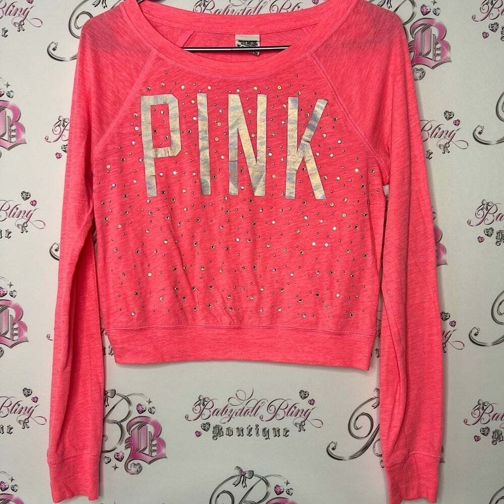 Victoria secret pink rhinestone bling pullover long sleeve neon pink silver y2k